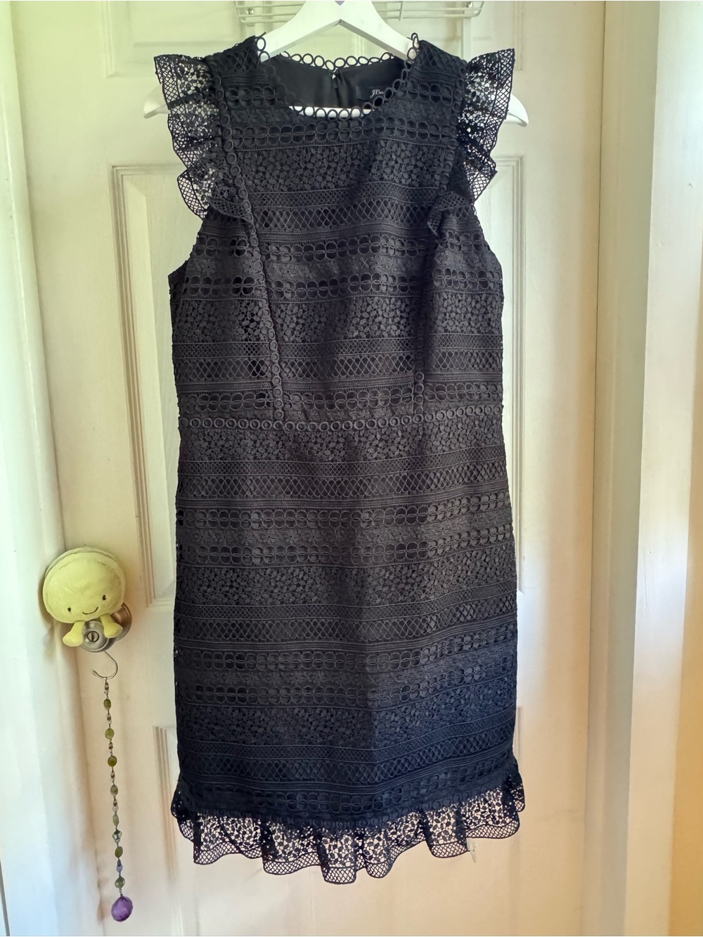 J. Crew Black Crochet Lace Shift Dress with Ruffled Sleeves